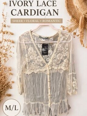 Ivory Sheer Lace Cardigan Kimono Boho Cottagecore Romantic Festival M/L